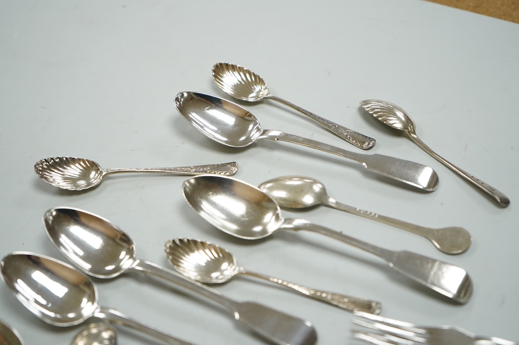 A collection of assorted Victorian and later silver flatware, various patterns, dates and makers, 17.2oz.